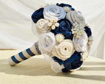 Burlap Bouquet,Navy Blue Brooch Bouquet,Brooch Bouquet with Burlap and Satin Roses,Bouquet with Navy Blue and Ivory Fabric Flowers.