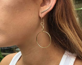 14K Gold Hoop Dangle Earrings (solid gold), lightly hammered