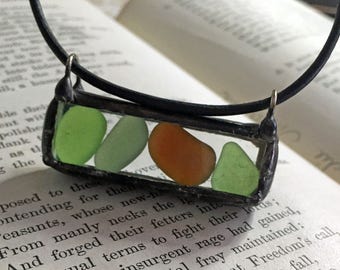 Beach Glass Necklace, Soldered Art Charm, Seaglass Pendant, Genuine, Green, Brown, Shadow Box Pendant, Leather Cord