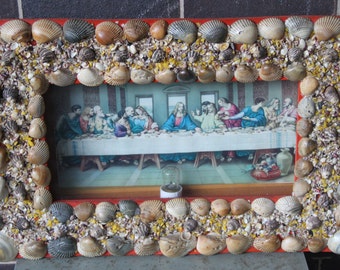Saint-Valentin coquillage Shadow Box FOLK ART coquillage Rare art marin années 1950