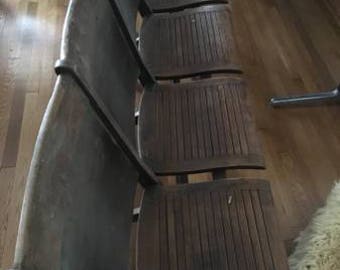 Antique Wooden Folding Theater Seats/Bench- Set of Four