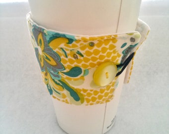 Coffee Cozy, Coffee sleeve, Coffee Cup Cozy,Yellow Coffee Cozy, Yellow Floral Coffee Cup Cozies, Fabric Coffee Cozy, Floral Coffee Cozy,