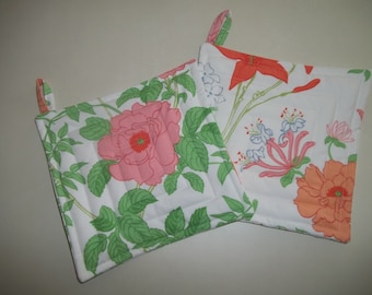 Pot Holder Set of 2 Orange Floral Shabby Chic Hot Pad