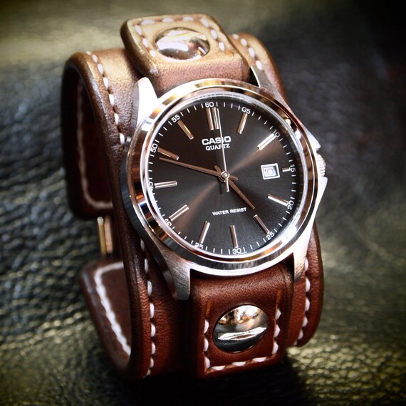 Leather cuff Watch -Vintage brown bridle leather handstitched watch band with Casio watch custom made for YOU in Brooklyn NY