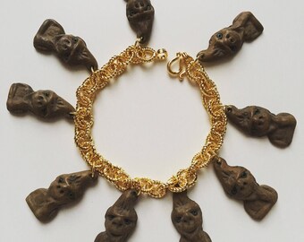 1950s rare vintage gnome folklore good luck charm gold tone bracelet