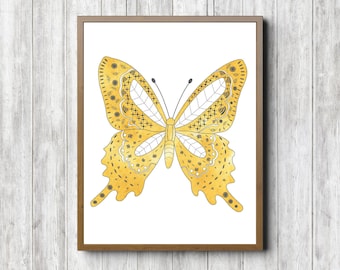 Watercolor Butterfly Printable Nursery / Girls Room / Office Wall Art - Yellow & Gray Decor - Gift For Girl / Her - Nature Poster - Digital