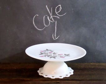 Up-cycled Milk Glass Cake Stand, Cake Plate, Fire King Pink Clover, Hazel Atlas, Farmhouse Decor