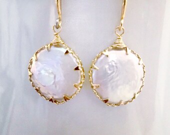 Freshwater Coin Pearl Drop Earrings