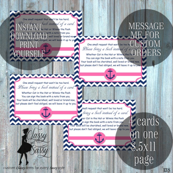 Bring a Book invitation Insert, Nautical Bring a Book invitation Insert- Printable Digital Download 138- Printable Digital Download 138