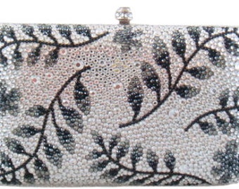 Swarovski ELEMENTS Minaudiere Hem Leave Leaf Pattern Crystal Metal case rectangle box Purse clutch bag