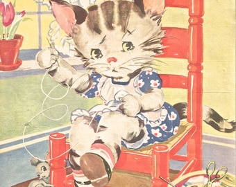 Vintage Ruth Newton children's book illustration sewing cat in chair digital download clip art 300 dpi