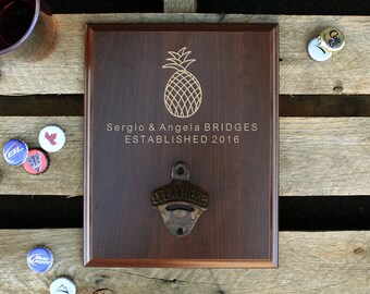 Personalized Wood Sign Bottle Opener, Wall Mounted Bottle Opener, Beer Bottle Opener, Custom Bar Sign --PBB-CHR-Sergio Angela Bridges