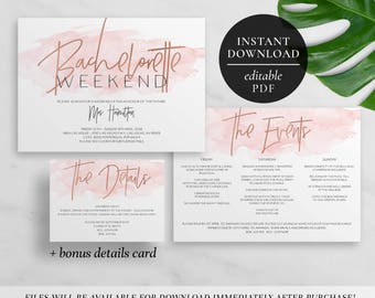 Printable Bachelorette Weekend Invitation | Editable PDF | Party | Weekend Itinerary | Events | Details | Pink Watercolor | Rose Gold Foil