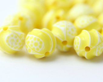 Acrylic Beads Yellow White Fluted Round Beads 12mm Speckled Beads (20)