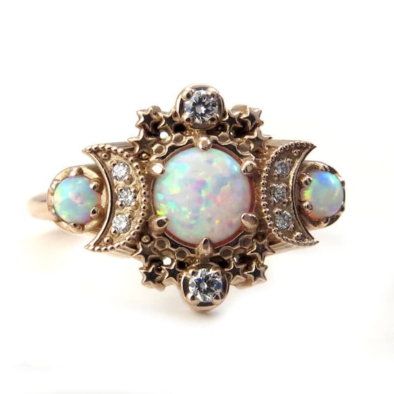 Lab Opal Cosmos Moon Engagement Ring - Rose Gold Celestial 3 Stone Diamond Ring