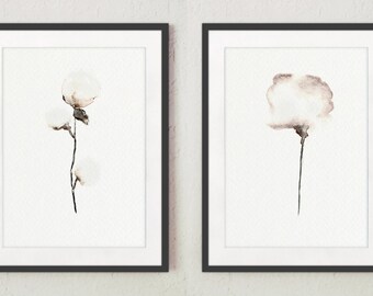 Set of 2, Cotton bolls, Natural floral painting, Giclee art print, White home decor, Natural cotton art, Mother's day gifts