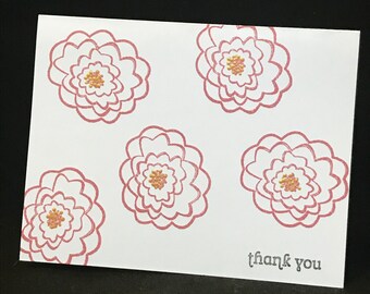 Thank you card, Cardstock, Red and Gold Flowers, Floral, Blank, Hand Stamped