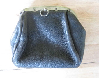 Beautiful vintage French black leather purse with another small purse on the inside.