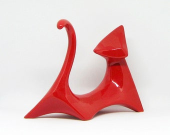 Ceramic Retro Atomic Cat Figurine in Red Hot Mid Century Modern Cubist Style Sculpture