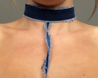 Choker, Denim, Necklace, Boho chick, Frayed choker