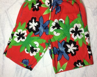 1980's Board Shorts Original Jams Surf Line Hawaii size Small USA made bold abstract tropical flower print red all cotton surfer beach