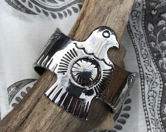 Chunky Navajo Style Thunderbird Silver Cuff Bracelet - Native American vintage style cuff, boho bohemian cuff bracelet