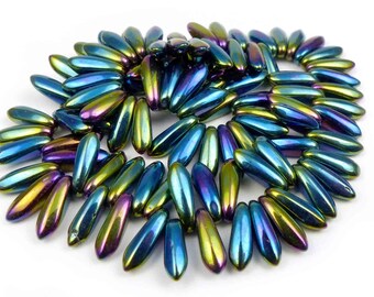 50 x Czech pressed Dagger Beads JET AB 11mm x 3mm