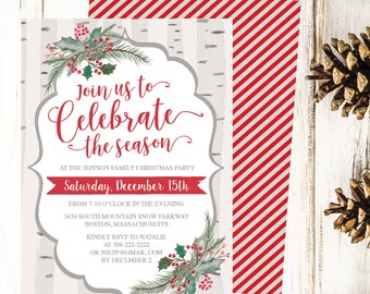 Christmas Party Invitation Template, Rustic Winter Woodland & Holly Printable Invite, Editable Text Instant Download DIY Holiday Invite PDF