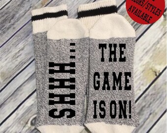 Word Socks - Novelty Comfy Cotton or Wool Men's Socks - Shhh... The Game is On - Funny Socks - Socks with Sayings - Custom