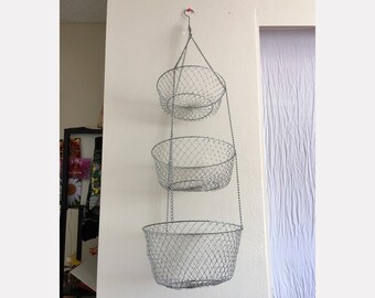 Vintage 3 Tier Wire Basket - Large Hanging Kitchen Basket - Silver Mesh Fruit Basket - Rustic Farmhouse Kitchen Baskets Storage