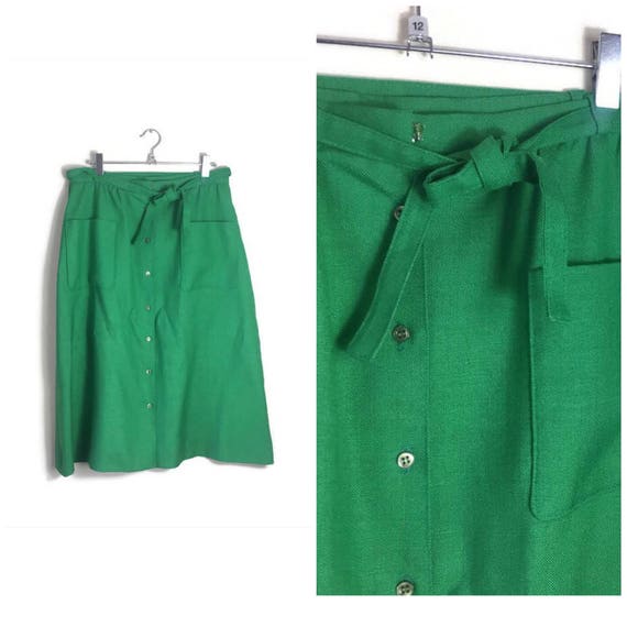 Vintage apple green skirt / 80s button up A line skirt / linen green skirt / windsmoor vintage skirt / mid length A line pencil skirt