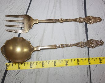 Antique Salad Server Set Fork Spoon Gold Vintage