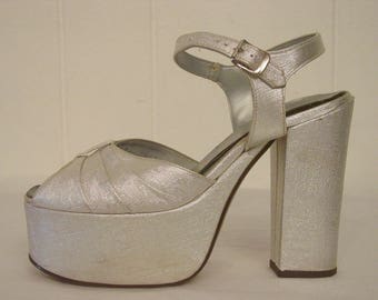 Vintage shoes, silver shoes, platform shoes, 1960s shoes, high heels, silver platforms, size 6