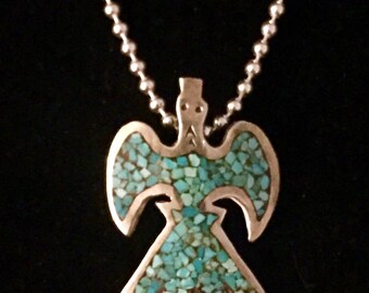 Signed OLD PAWN 1970s Navajo turquoise inlay Thunderbird, peyote bird, or waterbird pendant by Charlie John, 1 7/8" x 1 5/8"