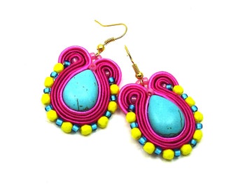 Soutache Earrings ,soutache jewelry in ethnic, handmade earrings, colorful earrings, soutache,braid,turquoise