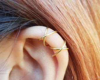 Two Criss Cross Ear Cuffs Cartilage Ear Cuff Set No Pierce Ear Cuffs Simple Ear Cuffs Fake Cartilage Earrings Fake Helix Piercing 22k Gold