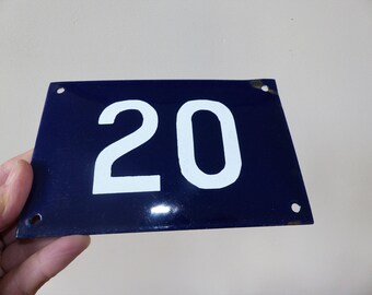 Antique /vintage French convex dark blue and white metal enamel house number 20 - Gate number