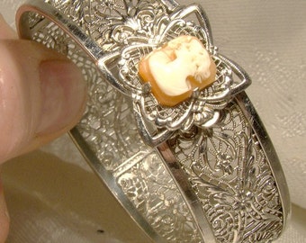 Art Deco Cameo Filigree Bangle Bracelet 1930s Rhodium Plated