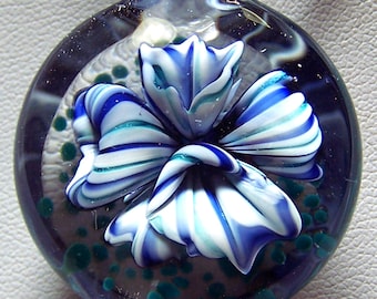 Multi striped tubular purple, blue and white glass 3D flower pendant - handmade lampwork glass pendant