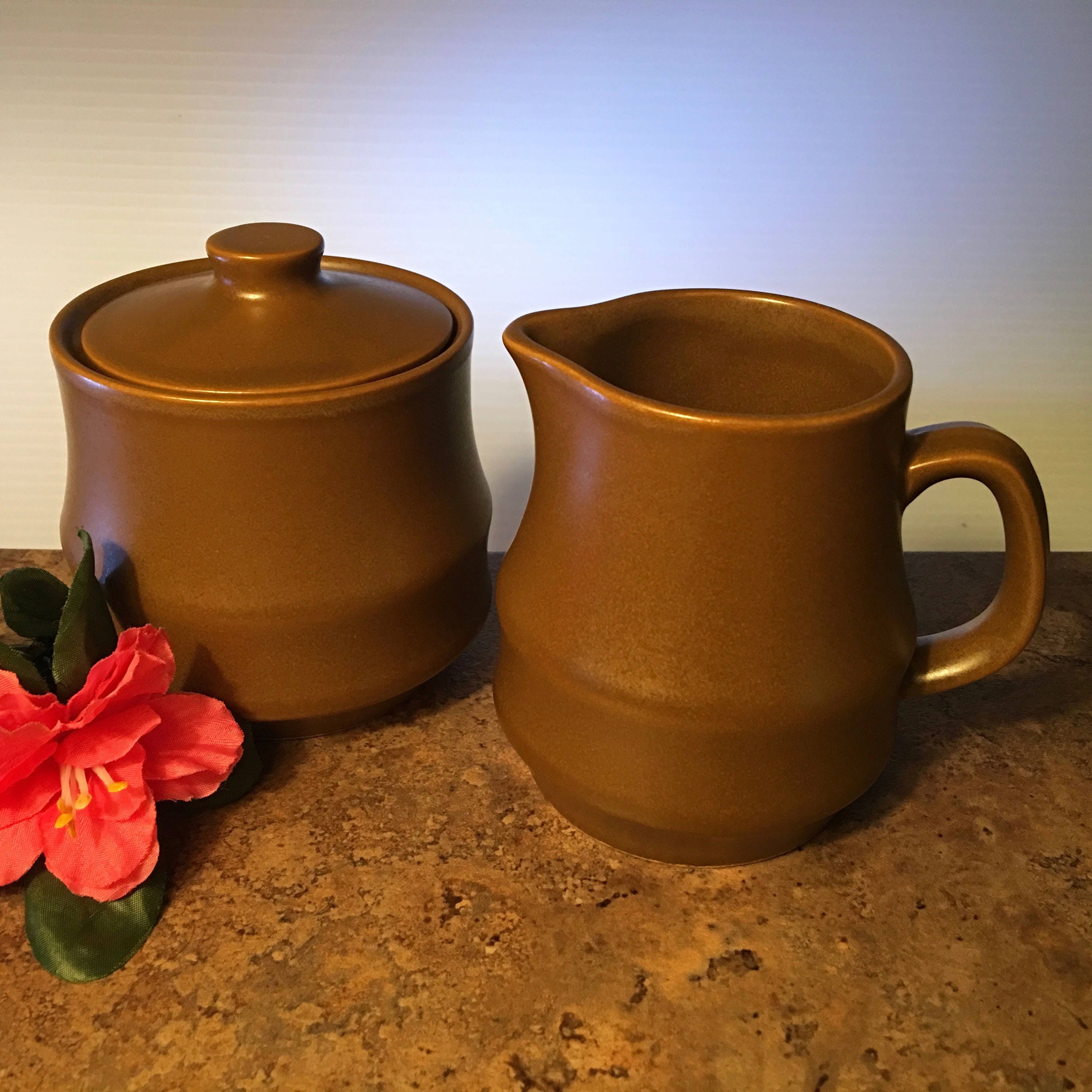 Vintage smooth brown stoneware sugar bowl and creamer set made