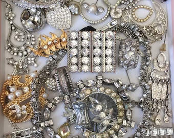 Clear Rhinestone Broken Jewelry Lot Vintage Harvest Repair Crafting Repurpose DIY Weddding Bouquet Decor Costume Jewelry