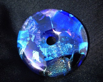 blue dichroic fused glass pendant donut jewlery necklace