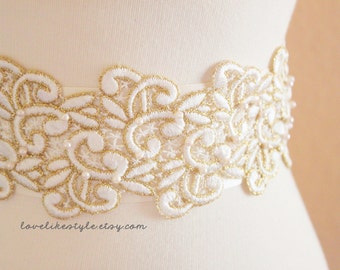 Ivory and Gold Lace with Pearl Beading Sash , Bridal Sash, Bridesmaid Sash , Wide Sash / SH-22