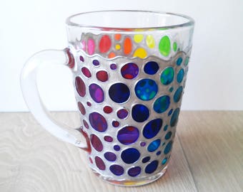 Rainbow Coffee Mug Sun catcher mug Multi Coloured Ovals Painted Glass Mug