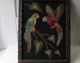 Vintage String Art - Tropical Bird Wall Art - Eclectic Home Decor - Bohemian Wall Art - Parrot Wall Textile 19" x 25"