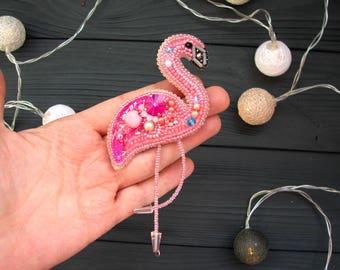 Flamingo Jewelry Embroidery Brooch Flamingo Brooch Pin Flamingo Pin Pink Flamingo Pink brooch Beaded brooch Gift Ideas Flamingo Stuff Bird