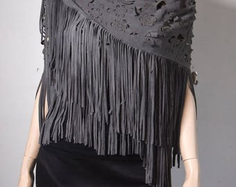 Genuine Suede Leather Shawl in Doe Grey