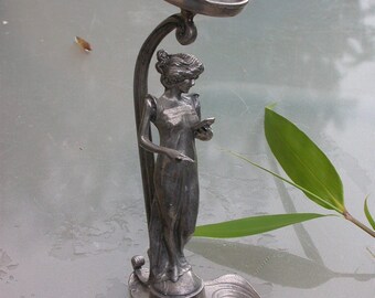 French antique art nouveau 1910s heavy metal candle stick candle holder ornate woman sculpture light antique decoration home decor
