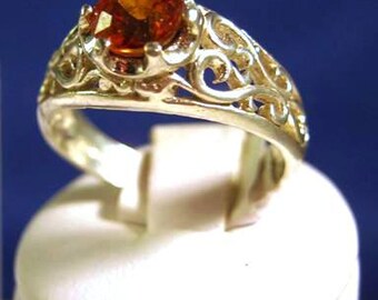 Sparkling Orange/ Red Spessartite Garnet Ring Sterling Silver Scroll pattern handmade fine jewelry unisex size 4 5 6 7 8 9 10 11 half sizes