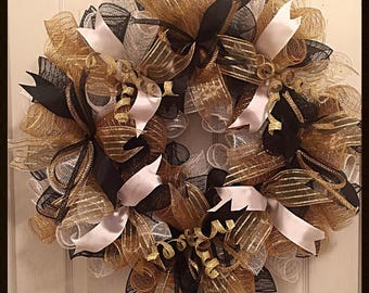 Elegant Black, Gold and White Deco Mesh Wreath/Black, Gold and White Wreath/Black and Gold Wreath